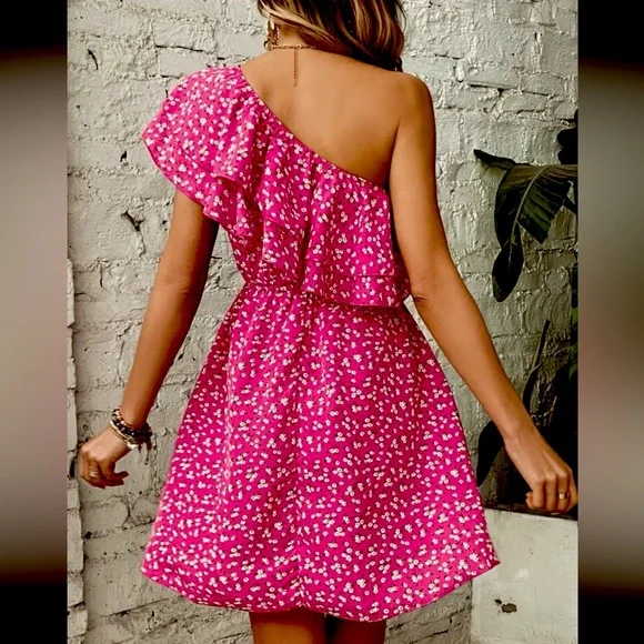 2.Floral One Shoulder Ruffle Trim Dress - Picture 2 of 2